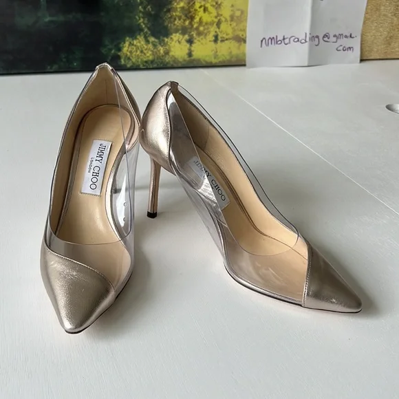 Jimmy Choo champagne color & plastic trim 8.5M(38.5) pointed toe classic pumps